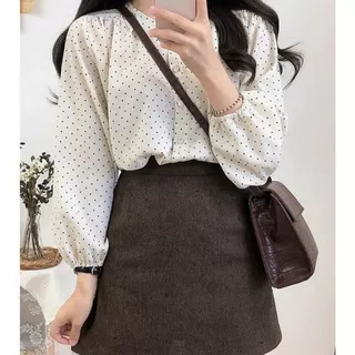 เสื้อเชิ้ตแขนยาวผ้าชีฟองฝรั่งเศสลายจุดย้อนยุคสำหรับผู้หญิง