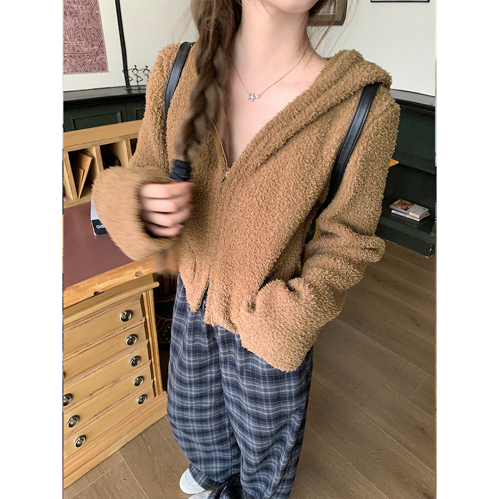 <Moss Queen> เสื้อสเวตเตอร์มีฮู้ด เสื้อคาร์ดิแกนถักมีซิปคู่สำหรับฤดูใบไม้ร่วงและฤดูหนาว