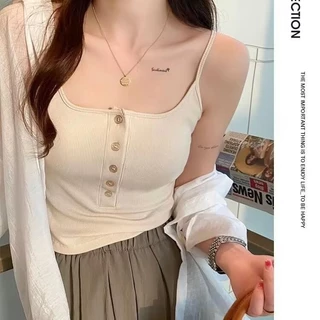 เสื้อสายเดี่ยวผู้หญิง แนวน่ารัก แต่งกระดุม มีฟองน้ำเย็บติด ใสสบาย ผ้านุ่ม แต่งตัวง่าย น่ารักก Clothing Women ผู้หญิง