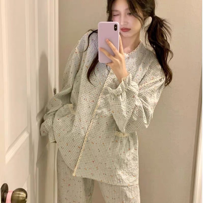 Pastoral Cherry ลายสก๊อตลูกไม้ Crinkled ผ้าชุดนอนผู้หญิงหวานกางเกงขายาวแขนยาวหลวม Live Homewear
