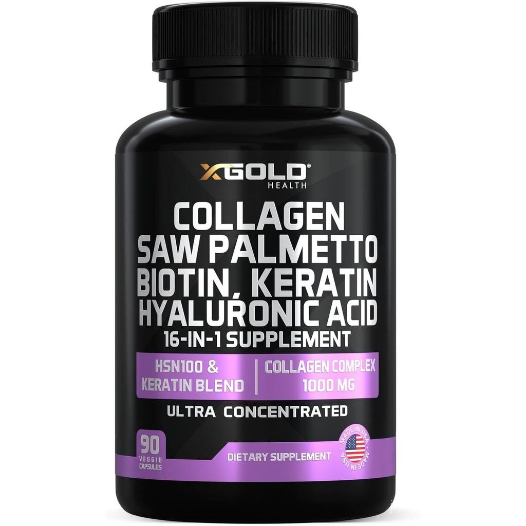 Collagen Complex, I, II, III, V, 1,000mg Biotin 10,000 mcg, Keratin, Hyaluronic Acid, Saw Palmetto, 