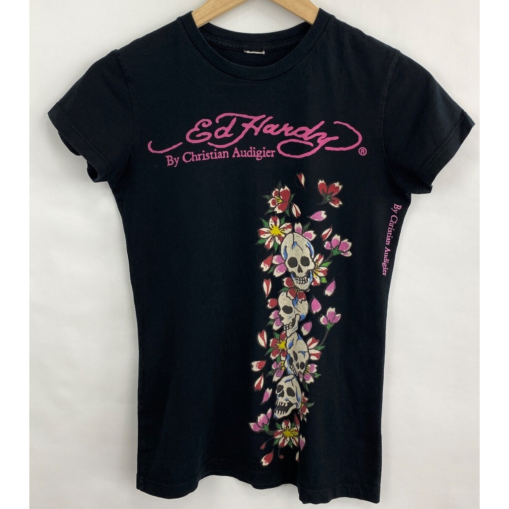 EDHARDY 100% Cotton Retro 90s Y2k เสื้อยืดฤดูร้อนพิมพ์สีดําพร้อมสต็อก