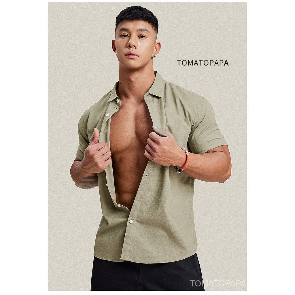 TOMATOPAPA เสื้อเชิ้ตผู้ชายแขนสั้น สไตล์شباب เหมาะสำหรับฤดูใบไม้ผลิและฤดูร้อน แบบ-basic กับรายละเอียด lapel cardigan