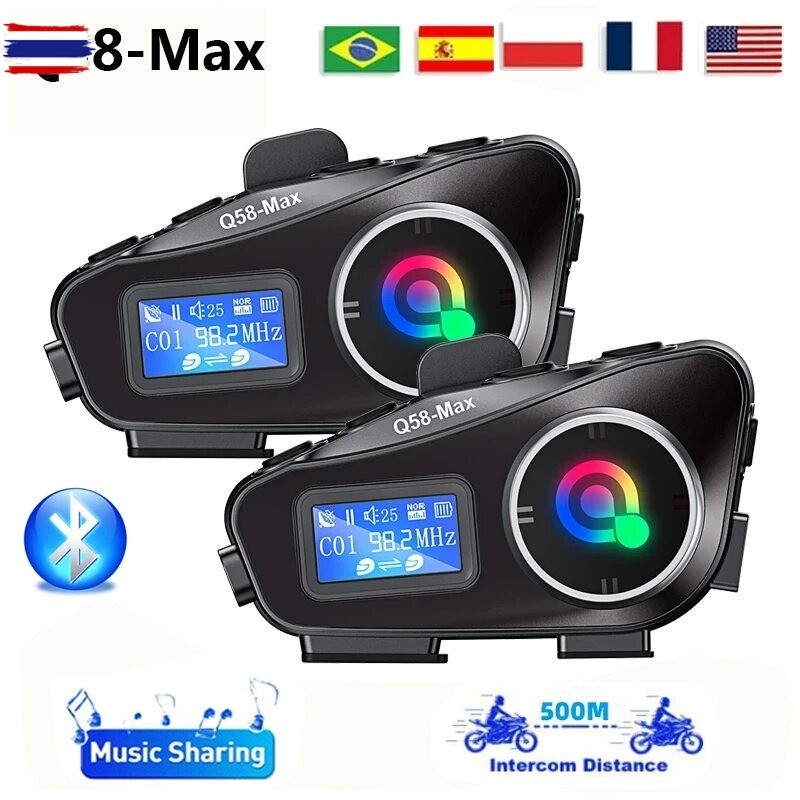 จัดส่งจากกรุงเทพ Q58-Max หมวกกันน็อคมอเตอร์ไซค์ชุดหูฟังลูทูธจอแสดงผล LCD พร้อมไฟฉาย2ผู้ขัขี่500M อิน
