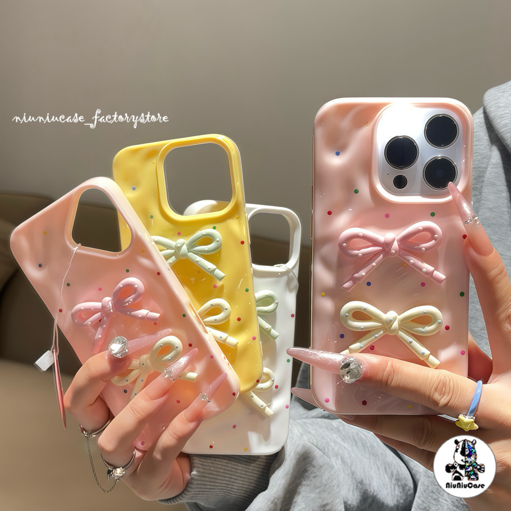 For iPhone 17 11 12 13 15 16 14 Plus Pro Max  XS Max XS X 7 8 Plus เคส ins Colorful Polka 3D DIY Dot Bow เคสไอโฟน13 Case - รูปที่ 2