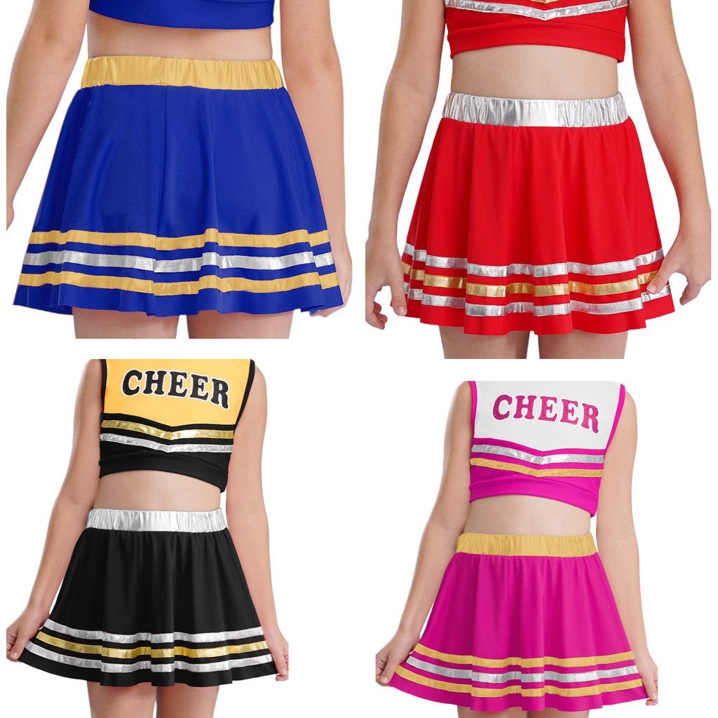 Yeahdor เด็กผู้หญิงเอวยางยืดกระโปรงชายลายโลหะสําหรับการแข่งขันการแสดงเต้นรําเชียร์ลีดเดอร์