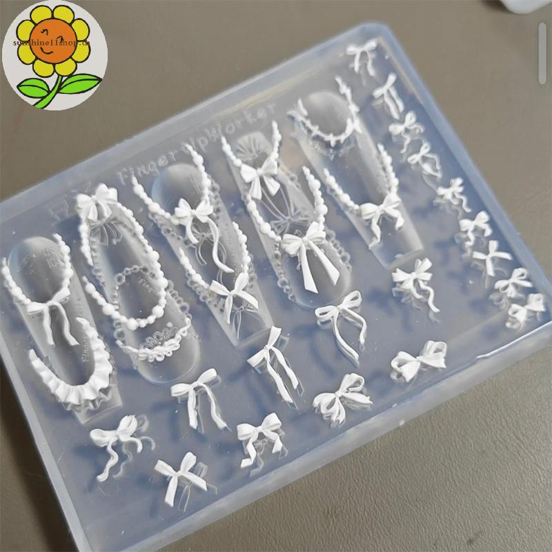SUNSHOP Bowknot ลูกปัดโซ่ริบบิ้น 3D อะคริลิคแม่พิมพ์ตกแต่งเล็บ DIY ออกแบบซิลิโคนเล็บแม่พิมพ์แม่แบบสําหรับเล็บ Charms TH
