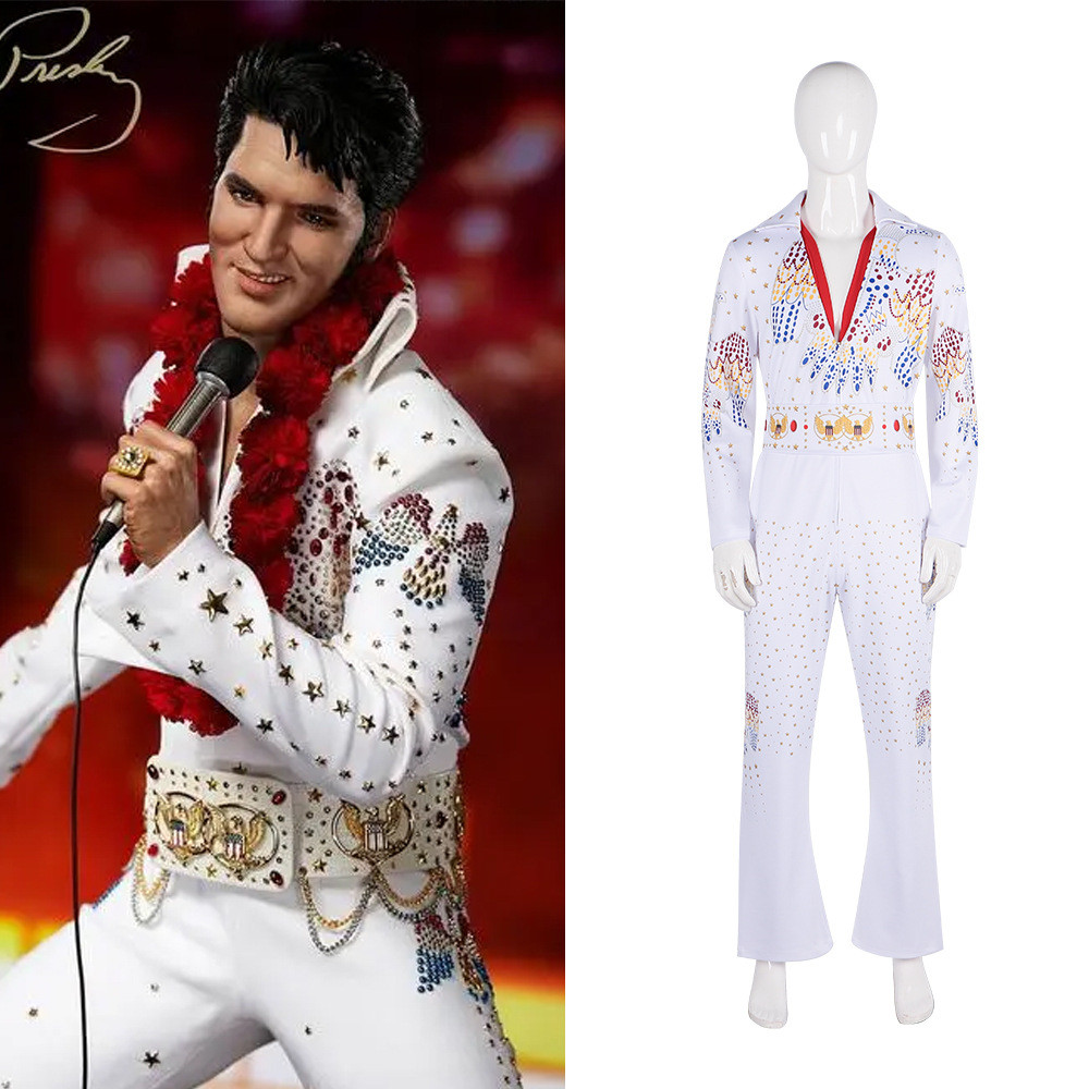 ชุด Elvis Presley Rockstar สีขาว (Unisex) สำหรับงานปาร์ตี้และดิสโก้ยุค 70