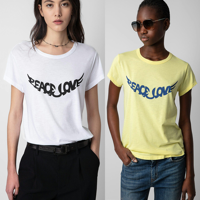 Zadig & Voltaire ตัวshirtสีเหลืองขาว แขนкороткий V-neck สำหรับผู้หญิง