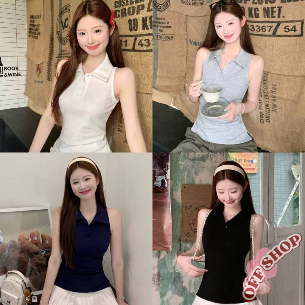 OFF SHOP 🥻ใหม่ 2025 เสื้อคอปกแขนกุด สีพื้นใส่สบายมาก สไตล์เกาหลี' FY33031