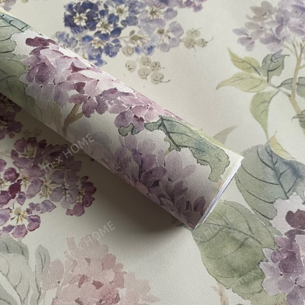 วอลเปเปอร์ติดผนัง ลายดอกไม้ สีม่วงอ่อน มีกาวในตัว