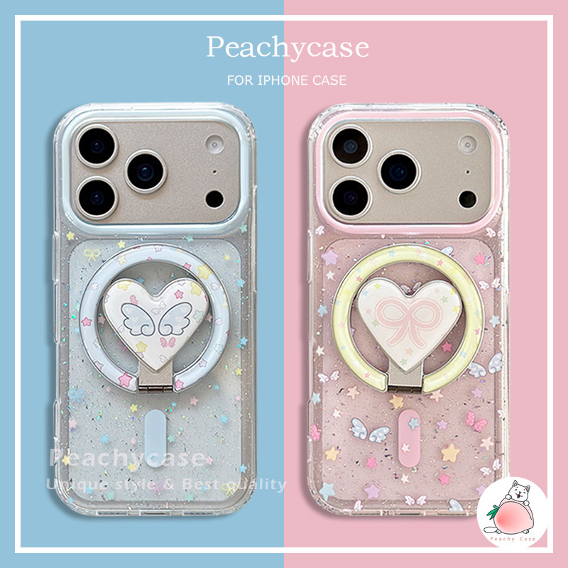 ดาวเกาหลี Bowknot Wings Love Heart Holder Stand Glitter เคสโทรศัพท์สําหรับ iPhone 17 16 15 14 13 Pro Max iPhone17 Hard IMD Shock Proof Magnetic Mobile Casing