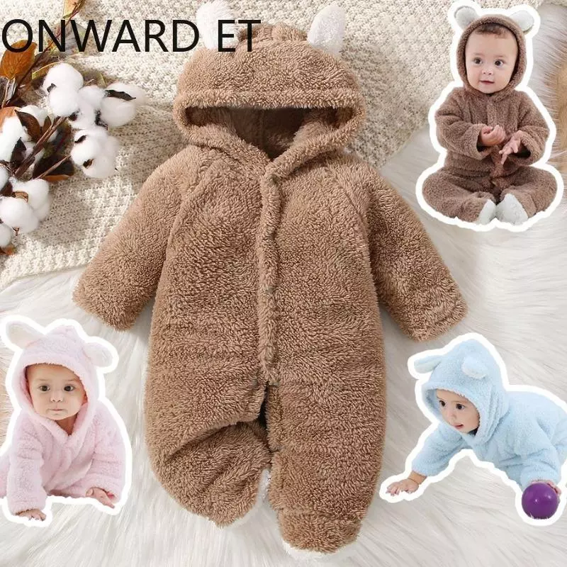 Baby Winter ทารกแรกเกิด Plush Bodysuit Jumpsuit การ์ตูน Hoodies Boy Girl Romper Twins เสื้อผ้าเวอร์ชั่นเกาหลี 0-12M