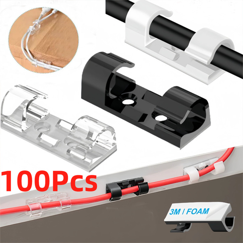 100Pcs ตัวยึดสายเคเบิลเครือข่ายติดผนังที่เก็บสายไฟโต๊ะคลิปหนีบการจัดการสายเคเบิลหัวเข็มขัดแบบมีกาวในตัว
