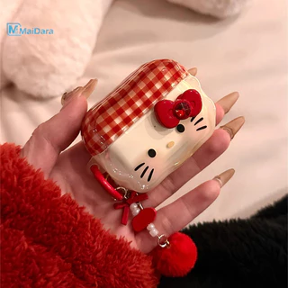กระเป๋าหูฟัง Hello Kitty AirPods4/3/2/1 ลายตารางสีแดง โบว์AirPodsPro2 ซิลิโคนป้องกันการตกหล่น เคสหูฟังบลูทูธ เหมาะสำหรับ