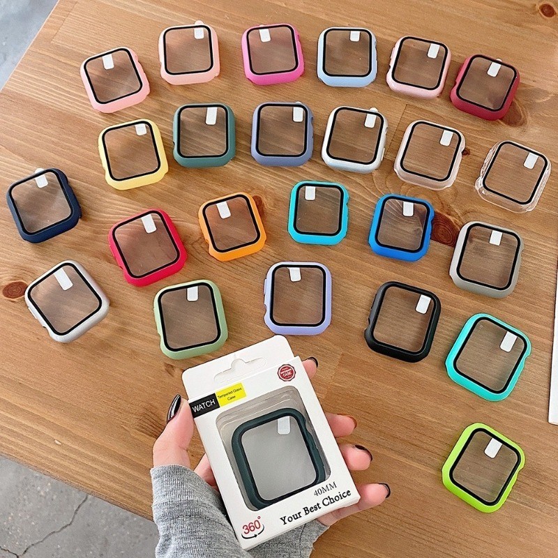 กระจกนิรภัย + ฝาครอบพีซี สําหรับ Apple Watch Series 3 2 SE 11 10 9 8 7 6 5 4 3 2 1, Classic, ขนาด 49 46 45 44 42 41 40 38 มม. พร้อมเคสป้องกันอัจฉริยะ