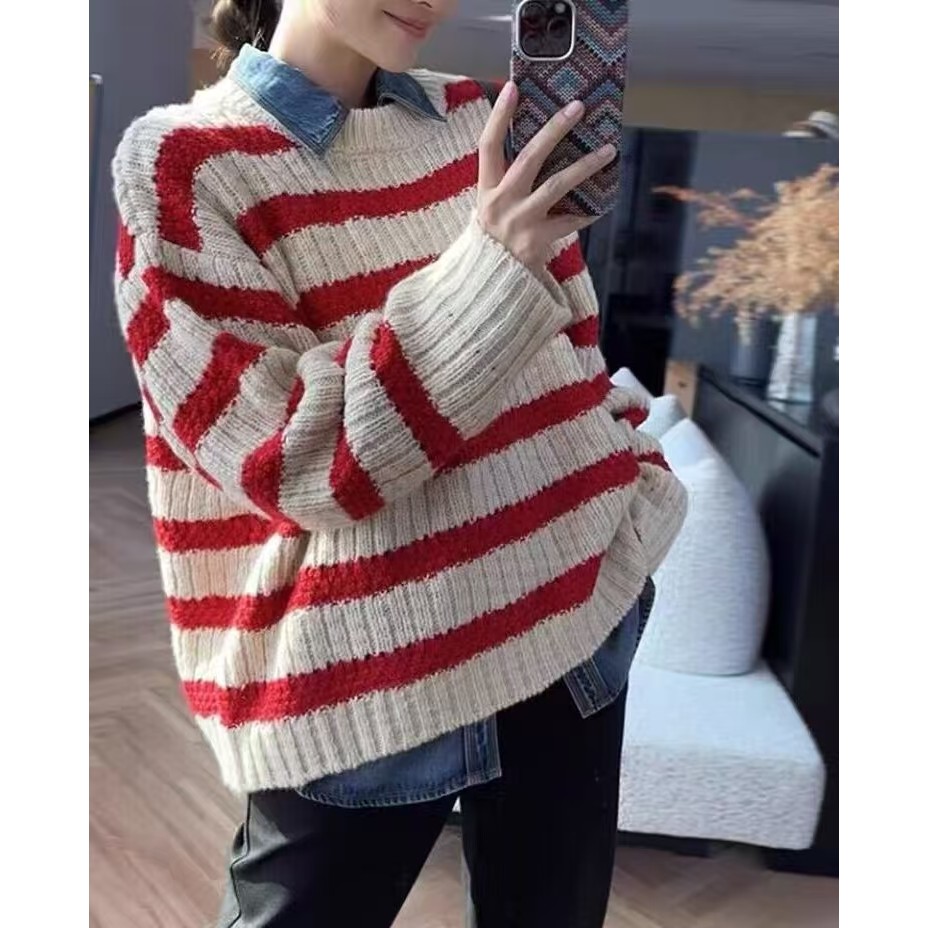 สไตล์ขี้เกียจเสื้อกันหนาวผู้หญิงฤดูใบไม้ร่วงฤดูหนาวหนา High-End Retro หลวมรอบคอลายเสื้อกันหนาวแขนยาว