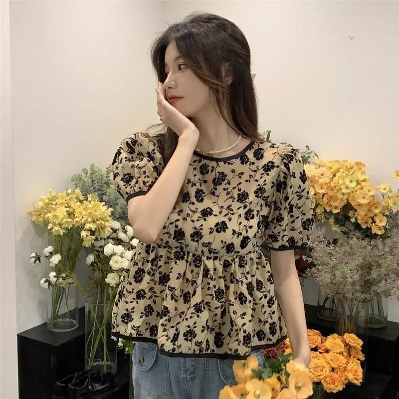 Chili Koko เสื้อเบลาส์แขนพอง ลายดอกไม้สไตล์ฝรั่งเศส ผูกหลัง W682 thumbnail 7