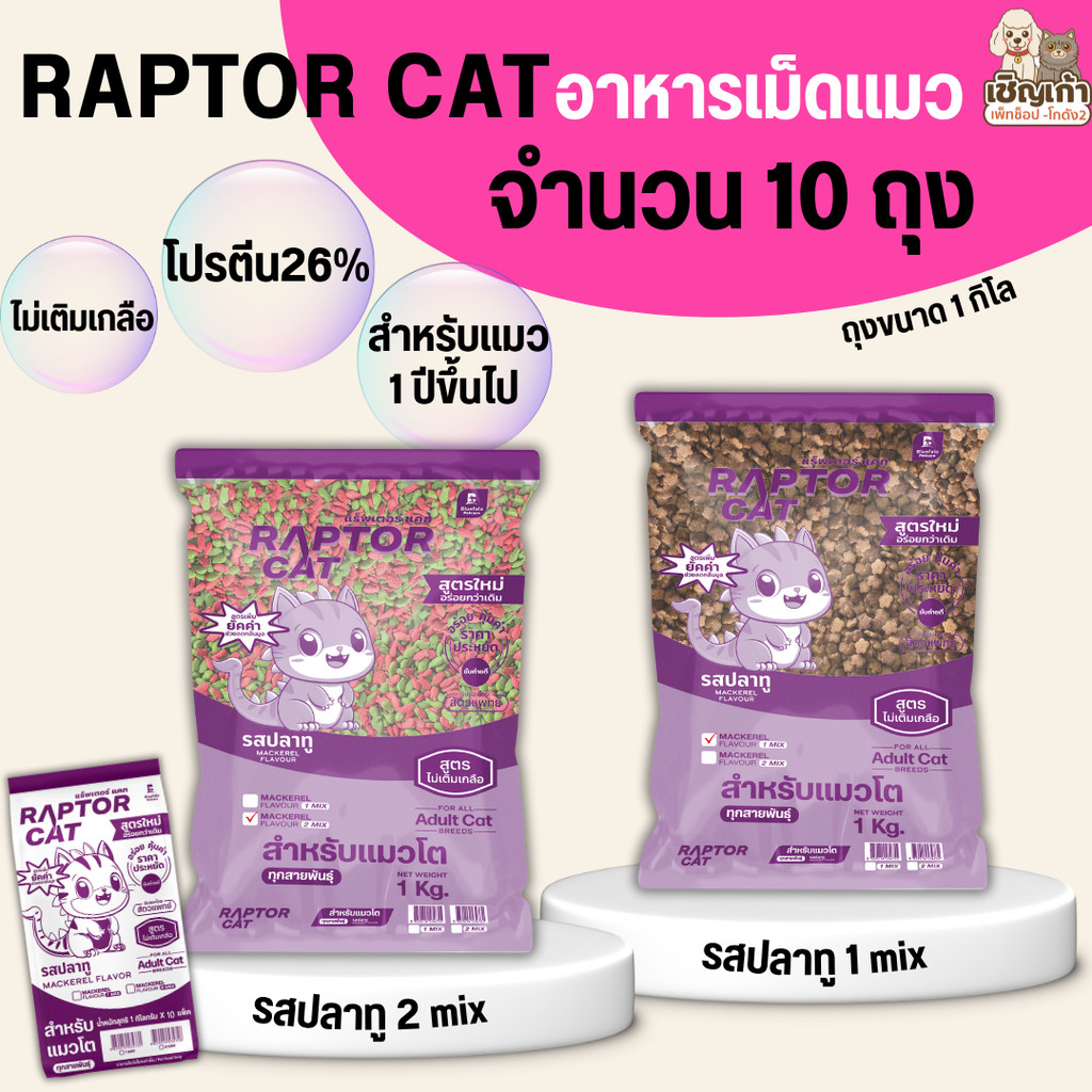 NEW !!!  [10 ถุง] อาหารแมว RAPTOR CAT รสปลาทู  ไม่เติมเกลือ ลดกลิ่นมูล โปรตีน26% **ขนาดถุง1กิโล