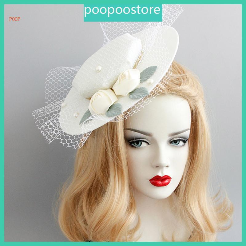 POOP Veil ตาข่ายเพิร์ล Tophat หมวก fascinator และคลิปผม สำหรับงานแต่งงานและปาร์ตี้ cocktail