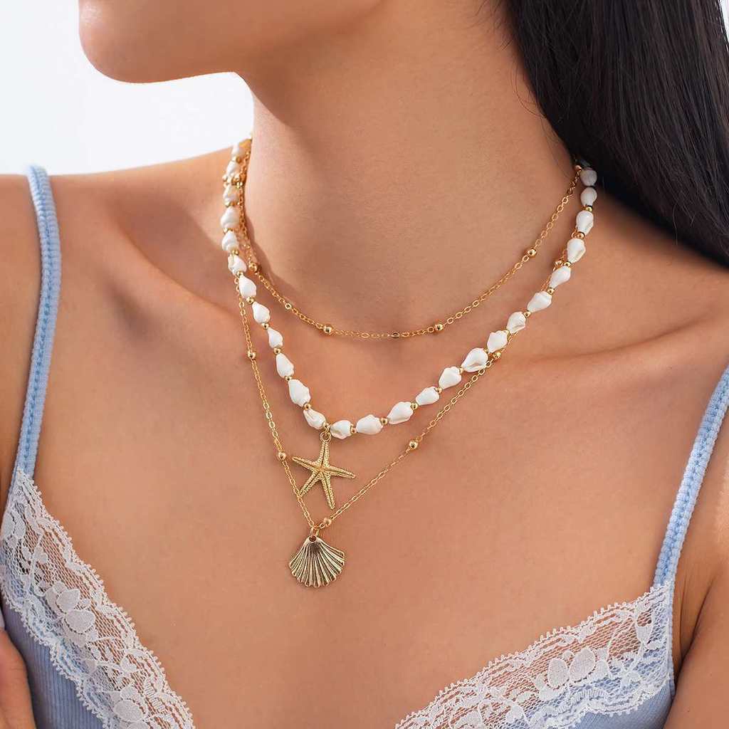 สร้อยคอมุกหลายเลเยอร์สำหรับผู้หญิง ทำจากทอง 14K ขนาด 11.9