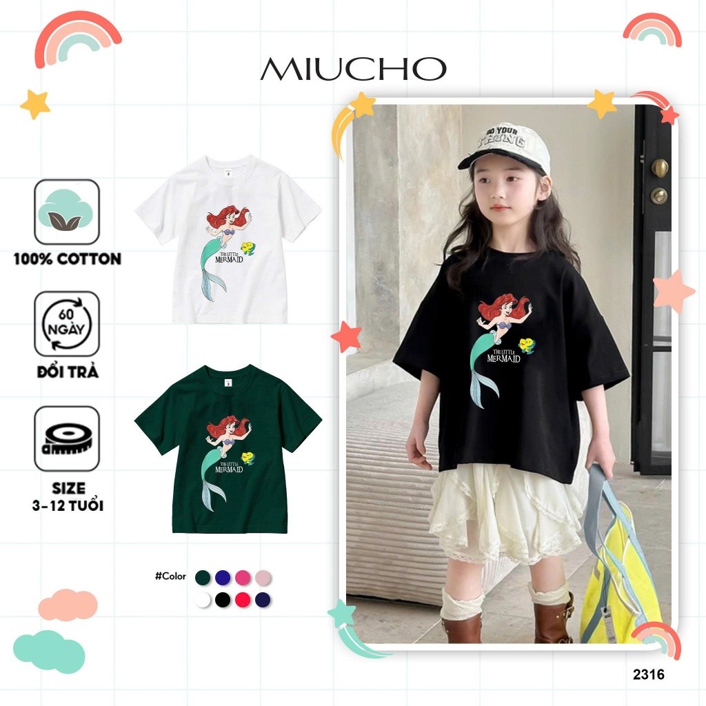 เสื้อยืดทรงหลวมสําหรับเด็กผู้หญิง AED2316 Miucho Kid ผ้าคอตตอนเนื้อนุ่ม โปร่ง พิมพ์ลายงานศิลปะ