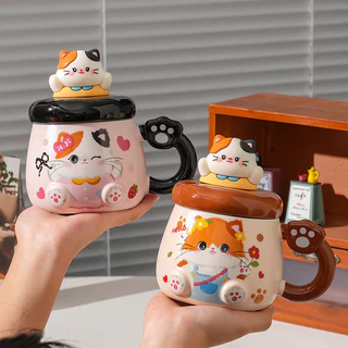 SENSENLIVE น่ารักของขวัญวันเกิดสําหรับผู้หญิง แมว กาแฟน่ารัก แก้วความงาม แก้วของขวัญ แก้วเซรามิคพร้อมฝาปิด ของขวัญวันครู🎁