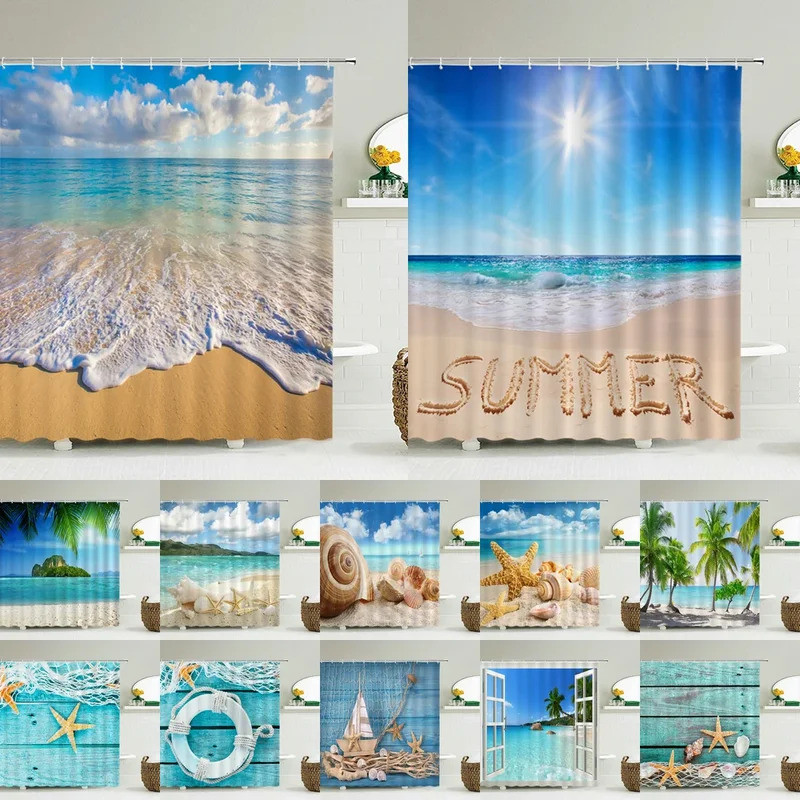 Seascape Beach Shower Curtains Bathroom Shower Curtain 3D Fabric Shower Curtain Waterproof Shower Cu