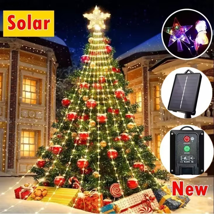 Solar String Light ဖဲရီ Icicle Star ပုံစံ မီးကြိုး အားကောင်း (Warm White 3000K) ခရစ္စမတ်/မင်္ဂလာအတွက် အလှဆင်