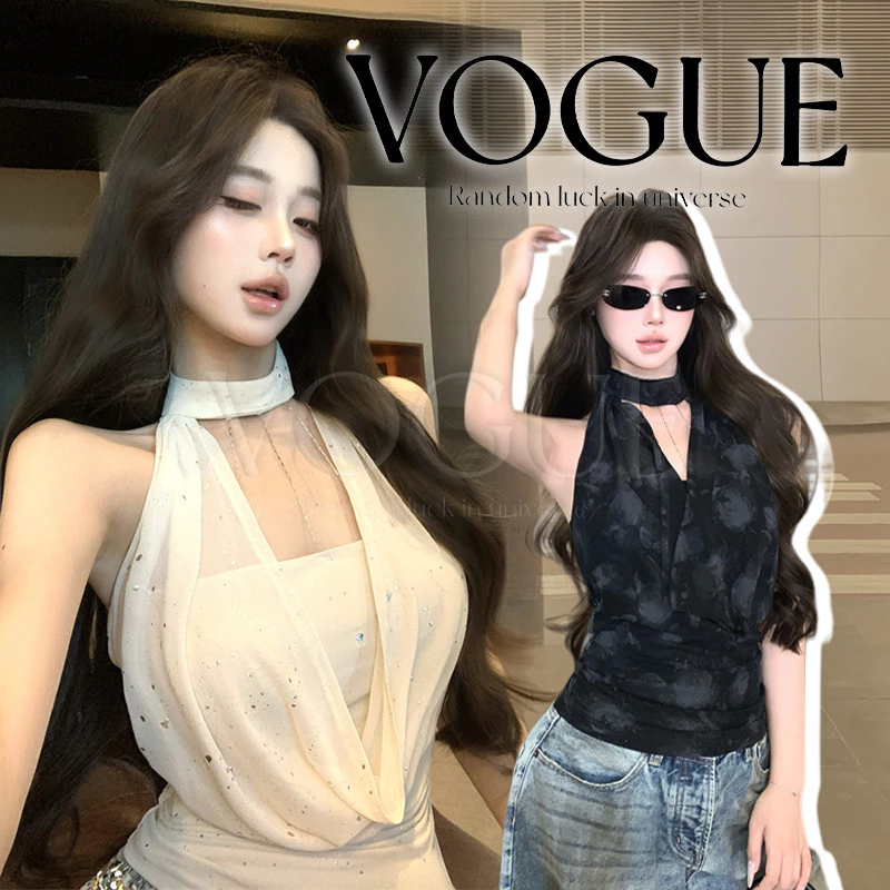 Vogue🌟พร้อมส่ง🌟 เสื้อคล้องคอ ดีเทลผ้าซีืรู บางเบา สีครีมดำใส่สบายมาก (FY5031#1)
