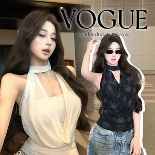 Vogue🌟พร้อมส่ง🌟 เสื้อคล้องคอ ดีเทลผ้าซีืรู บางเบา สีครีมดำใส่สบายมาก (FY5031#1)