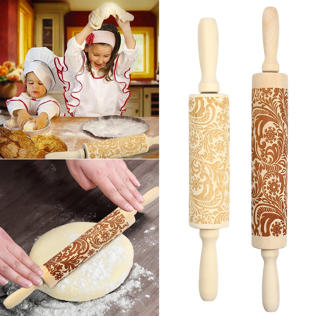 1 ชิ้นคริสต์มาสรูปแบบ Rolling Pin ไม้เนื้อแข็งนูนคุกกี้ Maker สําหรับเบเกอรี่ที่สวยงามครอบครัวคุกกี้