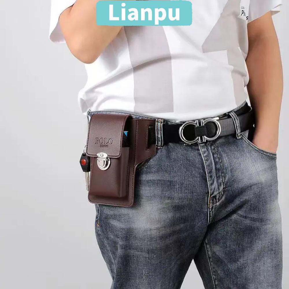 LIANPU Phone Waistpack, หนังเข็มขัดผู้ชายสีทึบ PU, กระเป๋าหนังวินเทจมัลติฟังก์ชั่น