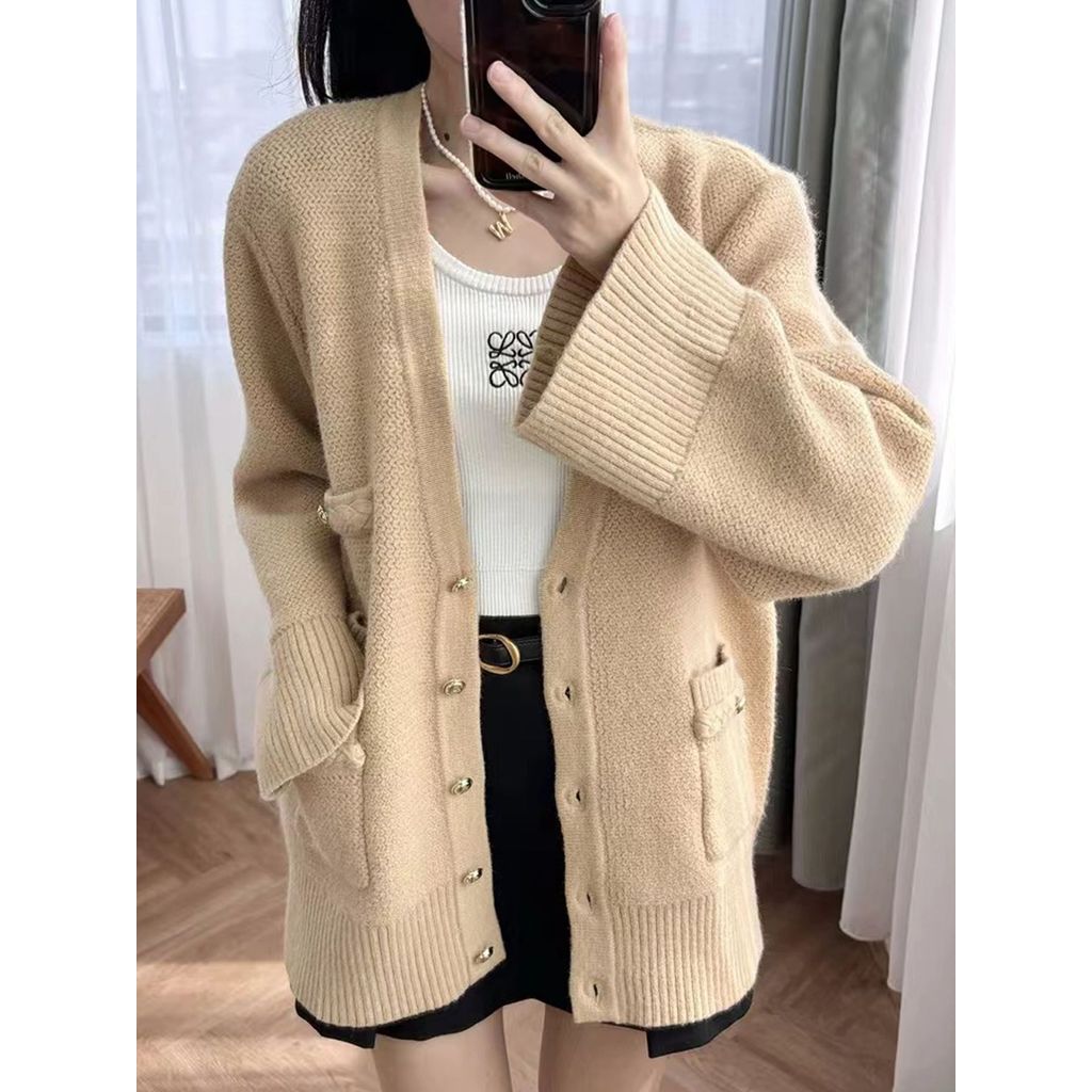 1YC3 Sandr*** 2025New French Style for Autumn and Winter V Loose Lazy Style Braided Knit Cardigan fo