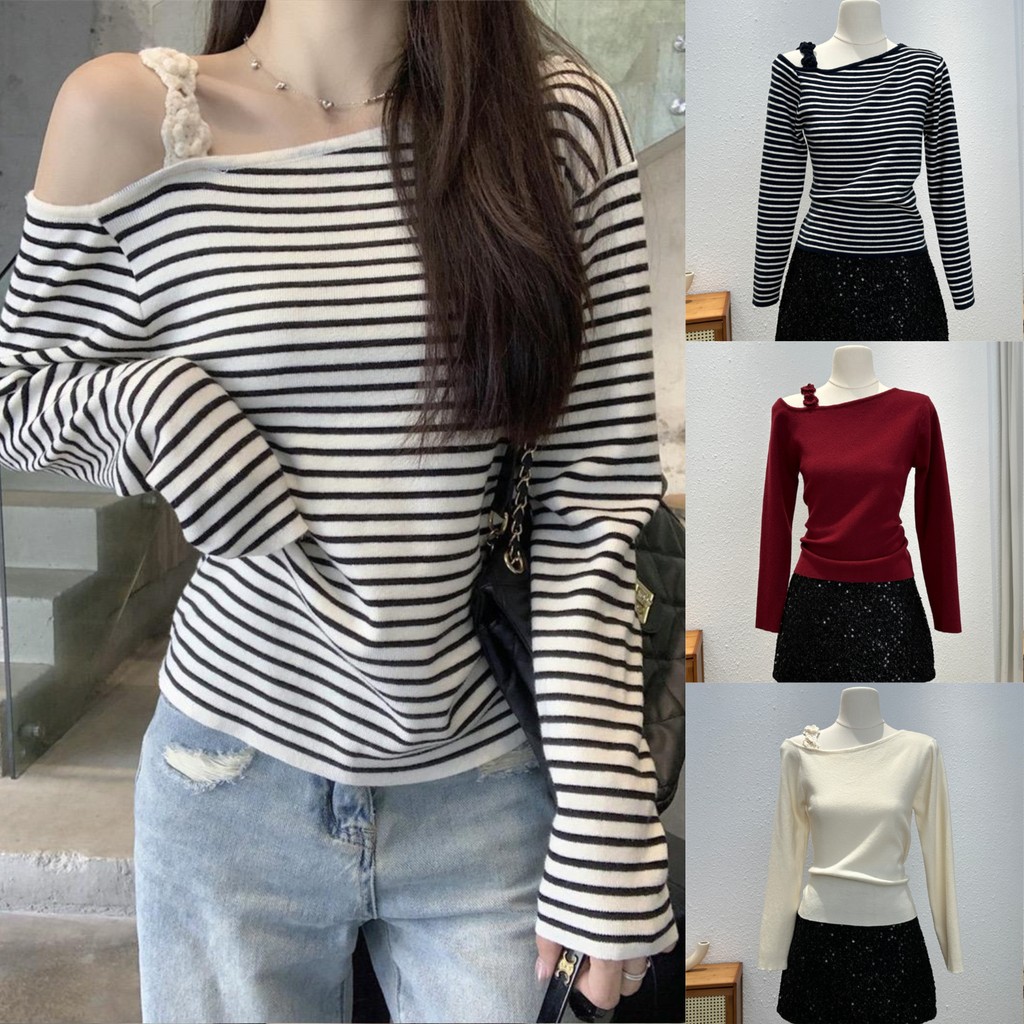 Chili Koko เสื้อถักแขนยาวลายทางเปิดไหล่สำหรับผู้หญิง สายสะพายไหล่โครเชต์ด้านเดียว เสื้อสเวตเตอร์ทรงหลวม Y009