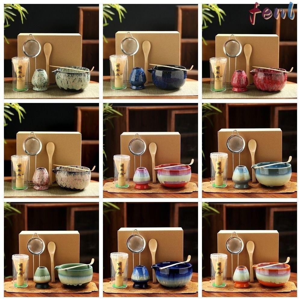 FENL Japanese Matcha Tea Set 6 Piece Matcha Bowl With Whisk Holder Matcha Whisk Set Bamboo Ceramic R