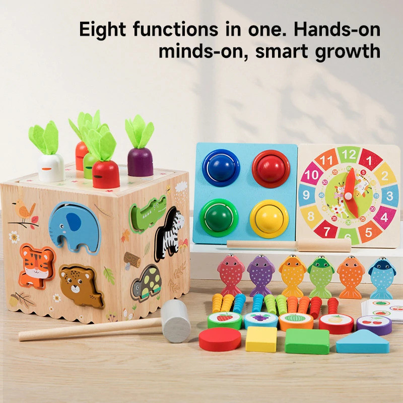8 in 1 Montessori Permanence Box Wooden Carrot Shape Cognition Puzzle Matching Toy Kids Matching Gam