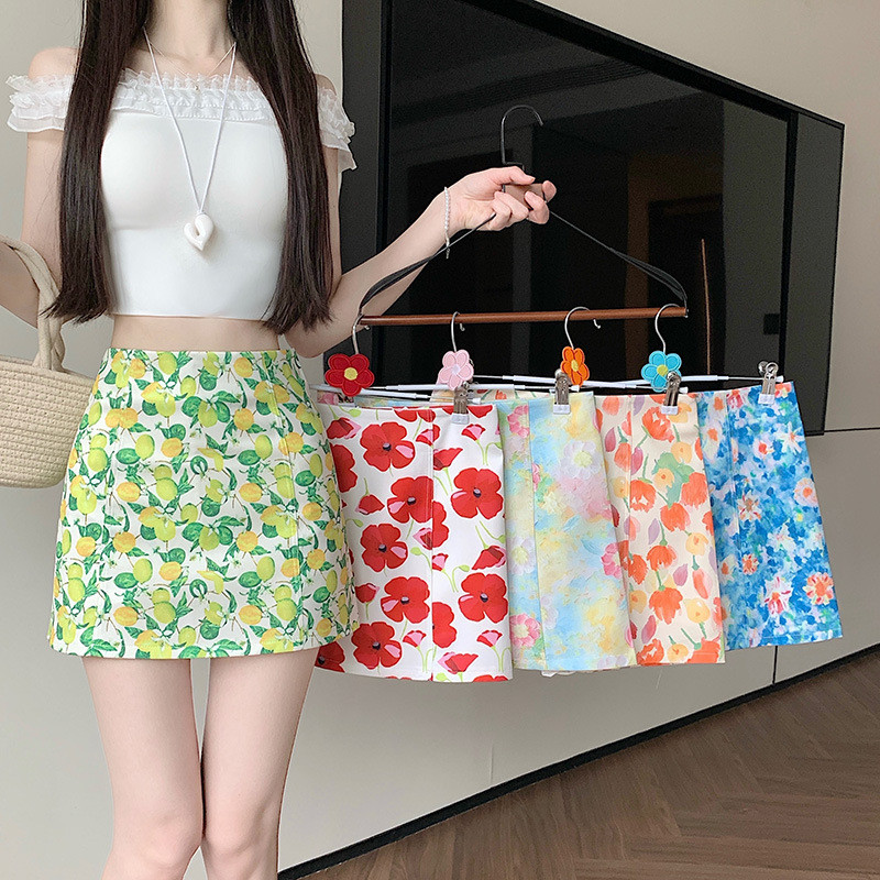 Hermarou S-6XL ผู้หญิง กระโปรงสั้น ทรงเอ เอวสูง กางเกง ลายดอกไม้ กระโปรงชายหาด ผ้าบาง