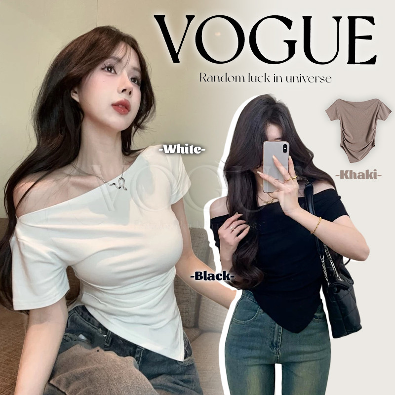 Vogue🌟พร้อมส่ง🌟 เสื้อแขนสั้นเปิดไหล่ ใส่ได้หลายแบบ ปลายเสื้อสามเหลี่ยม ยืดตามตัว (FY927)