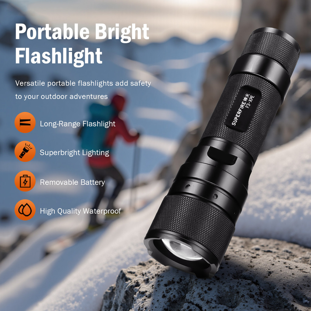 ไฟฉาย SUPERFIRE F3 XPE 3W LED สว่างสูง ซูมได้ ทำงานได้ รีชาร์จ สวิตช์ท้าย แบตเตอรี่ถอดเปลี่ยนได้ — صورة 2