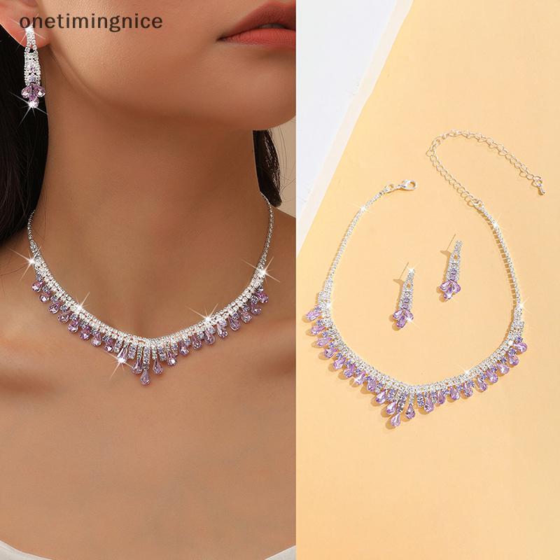 Onetimingnice 2 ชิ้นใหม่แฟชั่นคริสตัลสร้อยคอต่างหูชุดสําหรับผู้หญิงงานแต่งงานเครื่องประดับ OTN