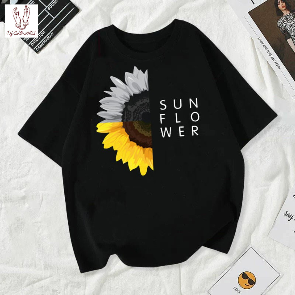 เสื้อยืดคอกลม ผ้าเนื้อนุ่ม ใส่สบาย ดีไซน์เก๋  | ลายดอกทานตะวัน