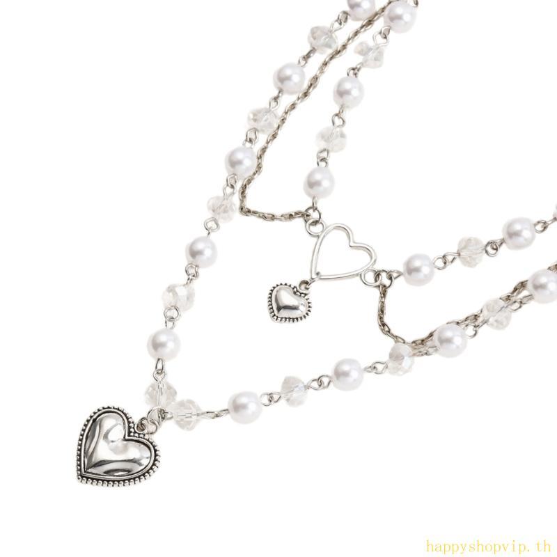 HSV Elegant สร้อยคอเลียนแบบไข่มุก ออกแบบหัวใจ และสร้อยข้อคอลลาบอน หลายชั้น สไตล์สำหรับผู้หญิง