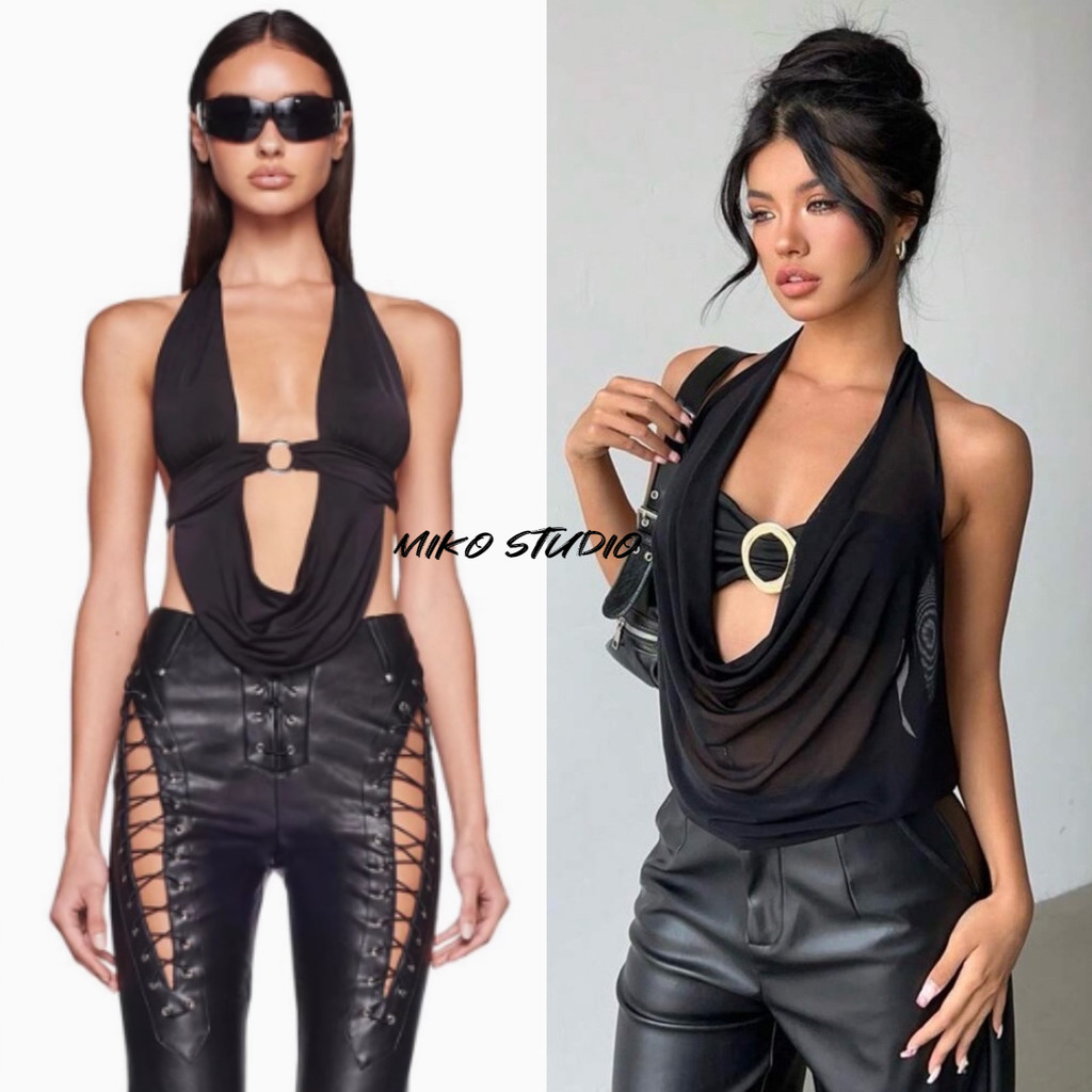 Miko 🖤พร้อมส่ง🖤เสื้อครอป คอเว้า หน้าอกเปิดหลังเปิดเสื้อ 2 ชิ้น เข้ารูปดูสวยงามและราคาแพงแฟชั่นเซ็กซี่สำหรับผู้หญิง