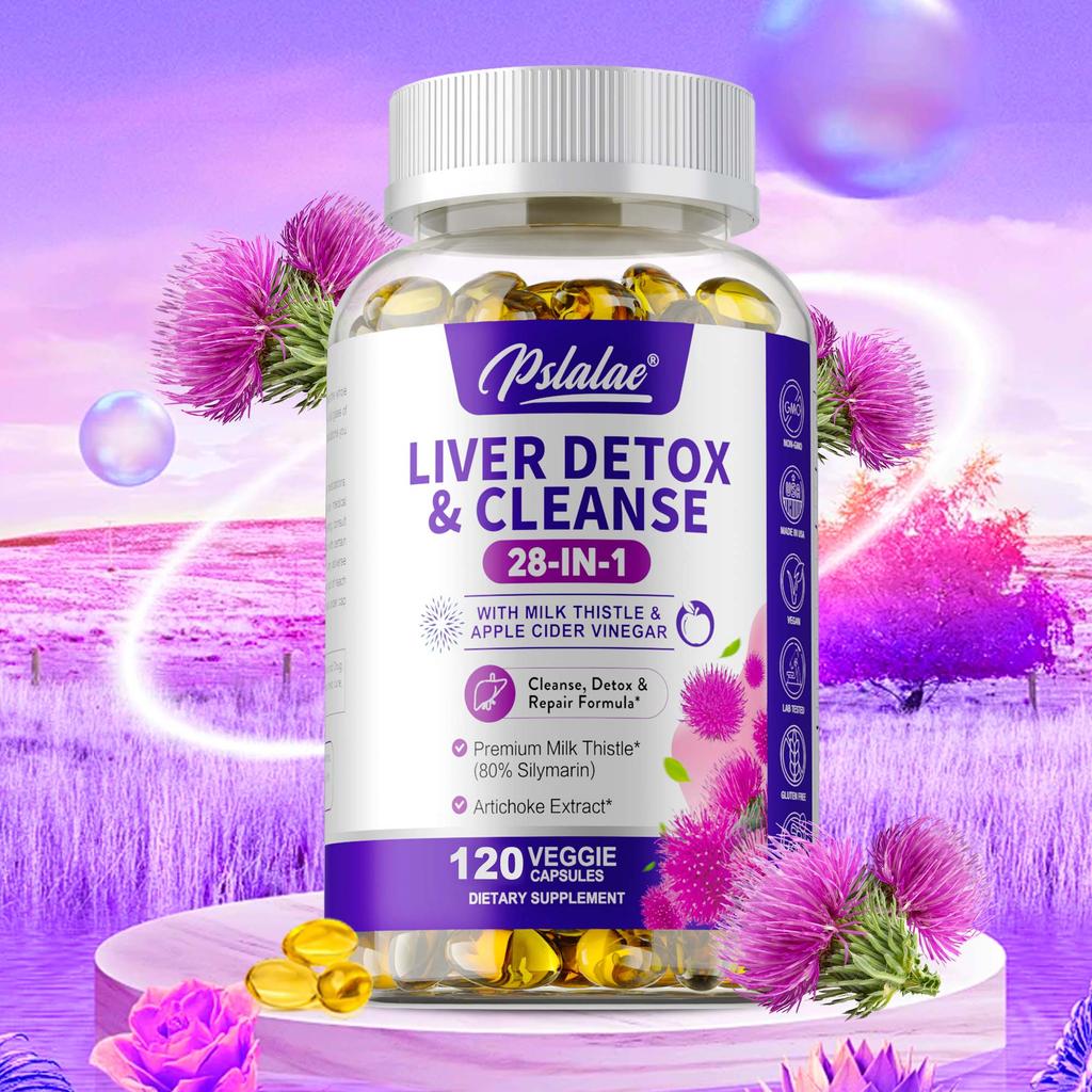 Pslalae 28-in-1 Liver Detox & Cleanse Capsules บรรจุสารสกัดจากน้ํานม (80% ซิลิมาริน) และน้ําส้มสายชูหมักจากแอปเปิ้ล - 30/60/120 แคปซูล ผลิตในอเมริกา