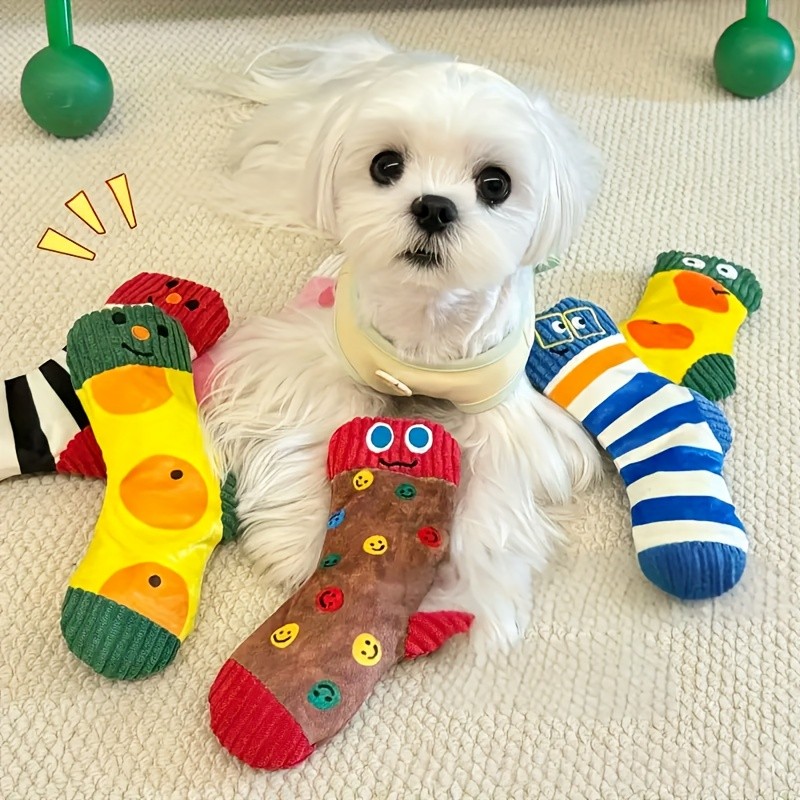 Plush Sock Dog Chew Toys - Soft Fuzzy Interactive Puppy Toys with Expressive Eyes & Heart/Cheek Cuto