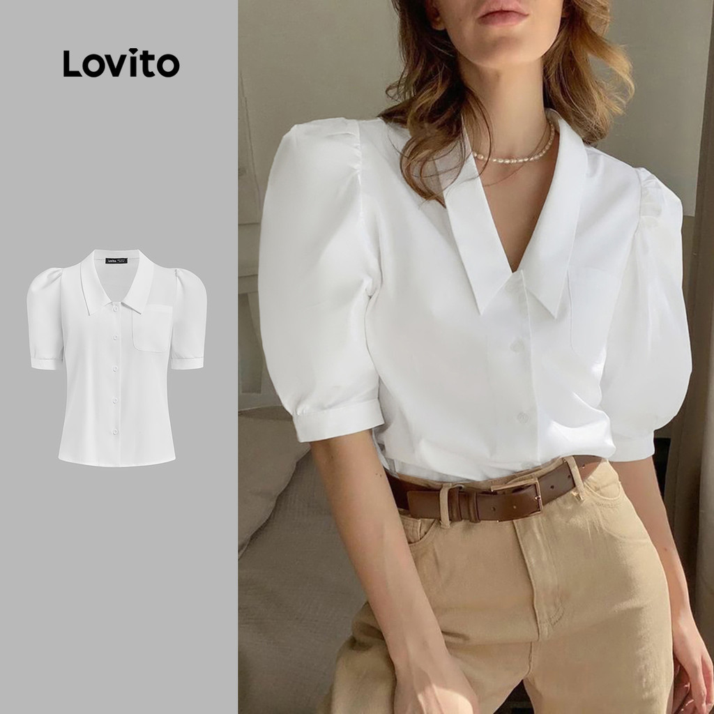 Lovito เสื้อเบลาส์สีขาวปุ่มธรรมดาหรูหราสําหรับผู้หญิง LBL25304