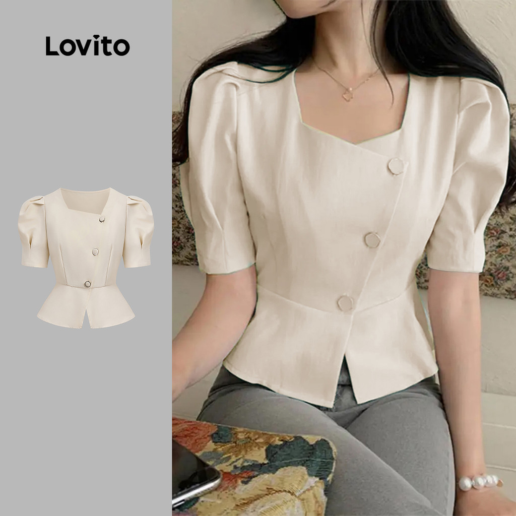 Lovito เสื้อเบลาส์ปุ่มธรรมดาหรูหราสําหรับผู้หญิง L133ED903