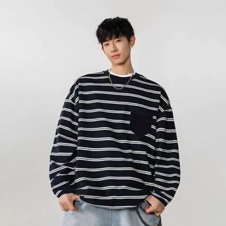 Chaistyle เสื้อแขนยาวลายทาง วินเทจ ชุดคู่รัก แนวสตรีท พิมพ์ลาย สันทนาการ