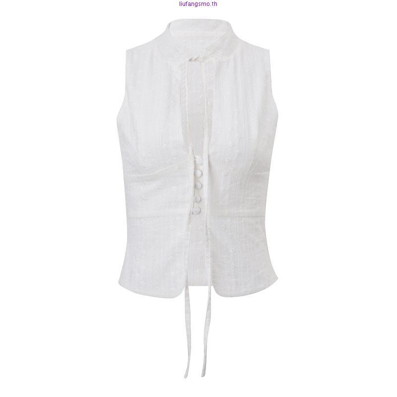 Hanie House- เสื้อกล้ามปักคัตเอาท์คอจําลองแขนกุดสําหรับผู้หญิง